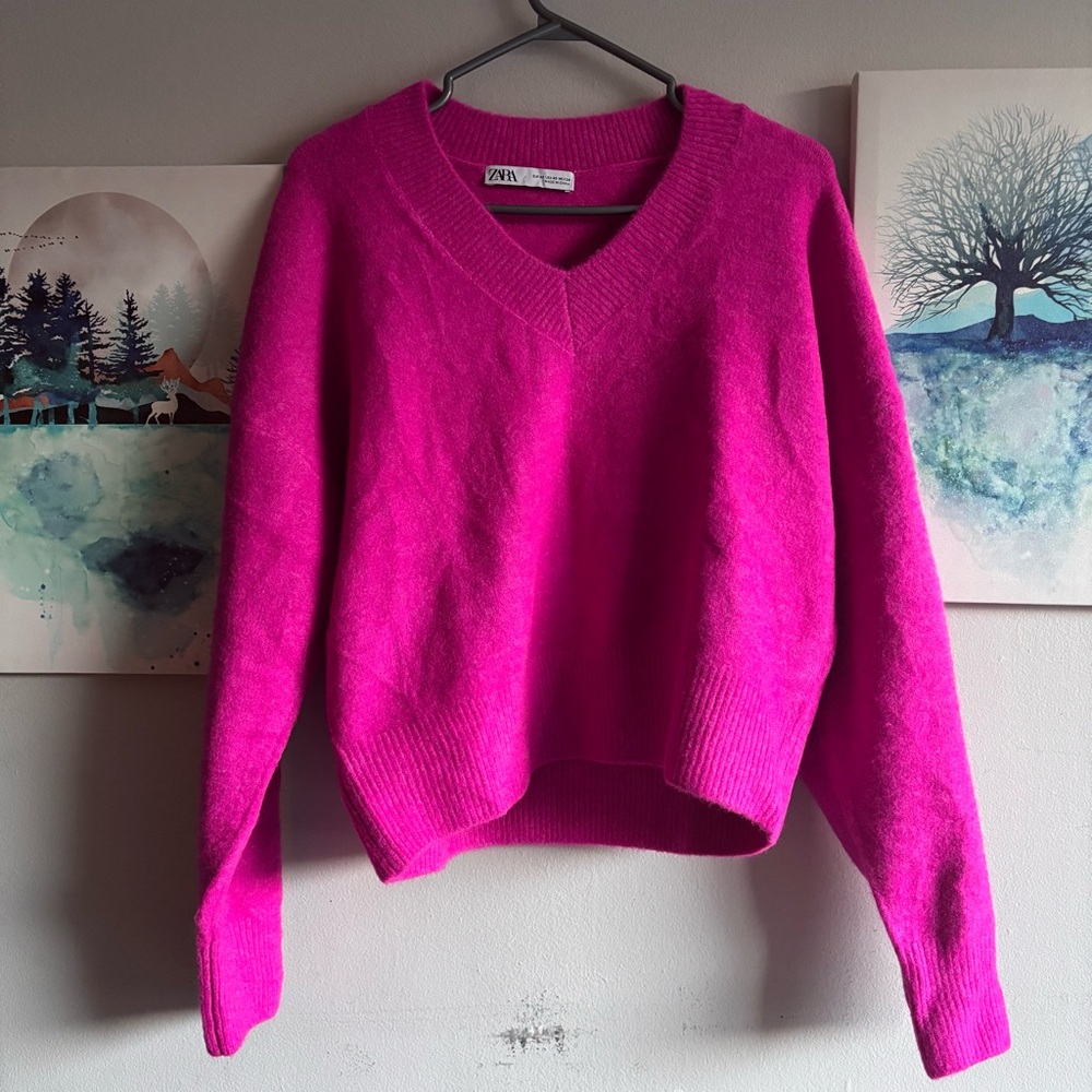Zara Pink V Neck Wool Blend Oversized Sweater XSmall